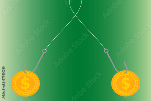 Vector illustration of a fish hook with hooked inscriptions Euro and Dollar, choice and struggle between two financial offers	