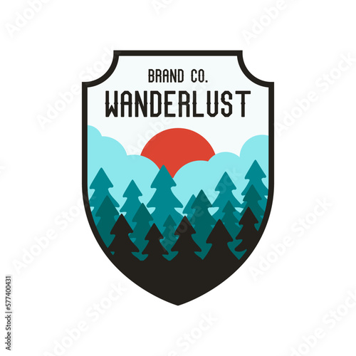 Vintage wanderlust camping logo badge featuring wilderness-themed design including forest and sun. Stock vector wanderlust travel label isolated on white background