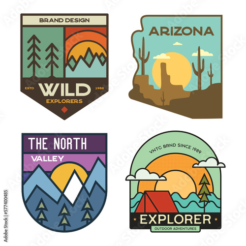 Set of retro camping badges featuring various wilderness-themed designs including mountains, forests, Arizona desert and outdoor activities. Stock vector travel labels isolated on white background