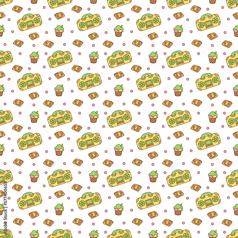 Cute seamless pattern with record player, cassette and ice cream. Color cartoon vector illustration. Cute seamless pattern with record player, cassette and ice cream. Color cartoon vector illustration.