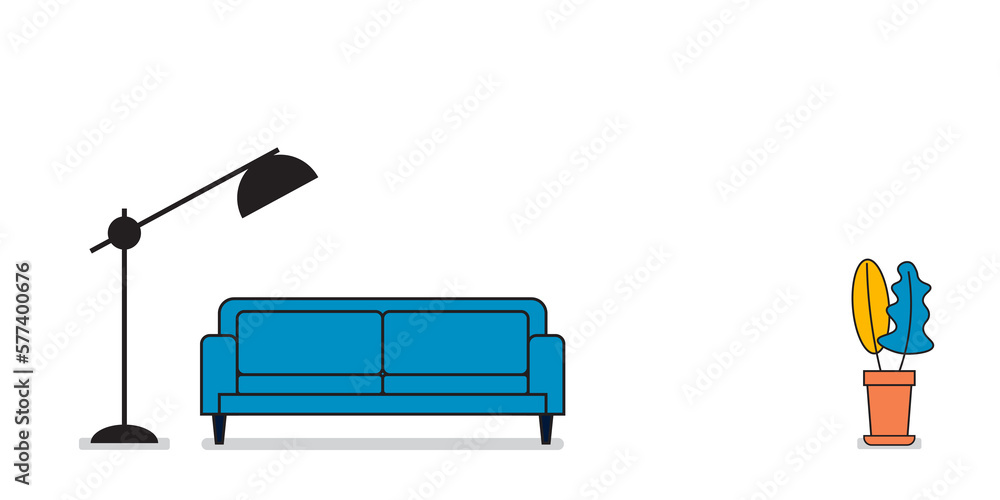 Modern sofa with a lamp and plant, cute interior in flat style Modern sofa with a lamp and plant, cute interior in flat style