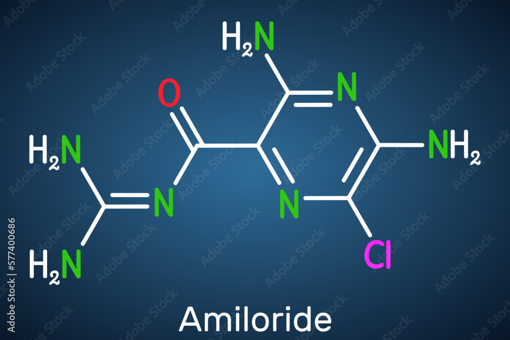 Amiloride molecule. It is pyrizine compound used to treat hypertension, congestive heart failure. Structural chemical formula on the dark blue background.