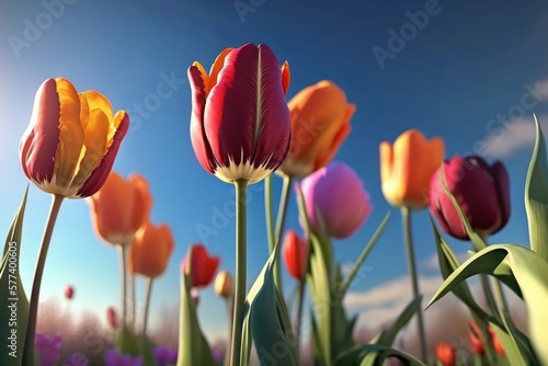 Colorful tulips in blue sky - Generative AI