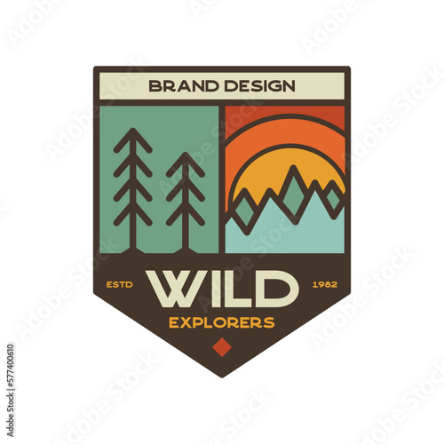 Retro camping badge featuring wilderness-themed design including wildlife elements. Stock vector travel label isolated on white background