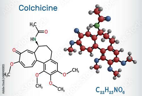 Colchicine molecule. It is alkaloid with anti-gout and anti-inflammatory activities, used in the symptomatic relief of pain. Structural chemical formula, molecule model.