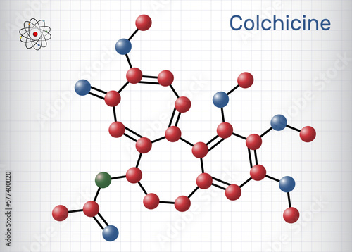 Colchicine molecule. It is alkaloid with anti-gout and anti-inflammatory activities, used in the symptomatic relief of pain. Structural chemical formula, molecule model. Sheet of paper in a cage.