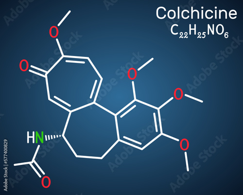 Colchicine molecule. It is alkaloid with anti-gout and anti-inflammatory activities, used in the symptomatic relief of pain. Structural chemical formula on the dark blue background.