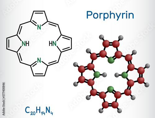 Porphine or Porphyrin, member of porphyrins molecule. It is class of macrocyclic aromatic compounds, as heme cofactor of hemoglobin, cytochromes. Structural chemical formula, molecule model.