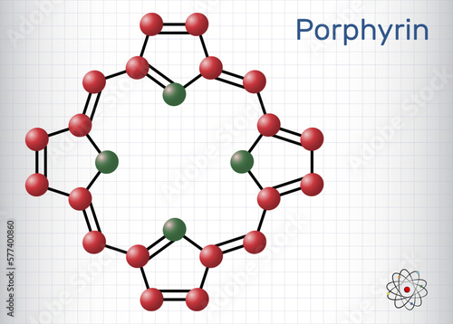 Porphine or Porphyrin, member of porphyrins molecule. It is class of macrocyclic aromatic compounds. Structural formula, molecule model. Sheet of paper in cage