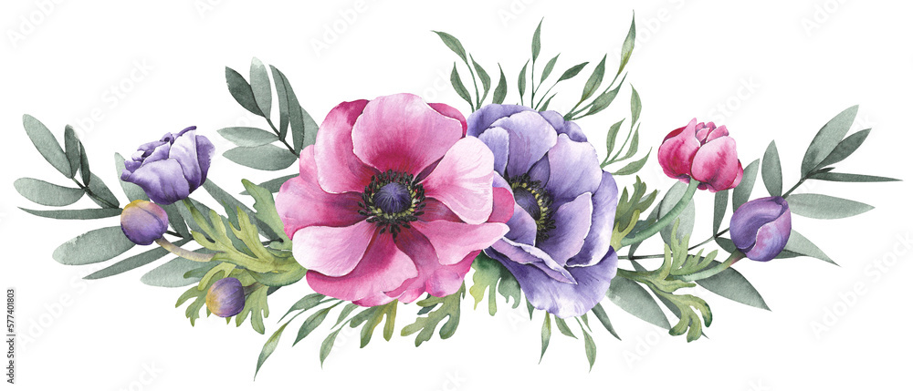 Colorful anemone flowers demi wreath. Illustration isolated on white background.