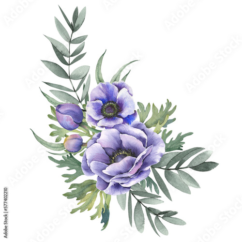 Blue anemone flowers and green branches arrangement. Watercolor illustration isolated on white background.