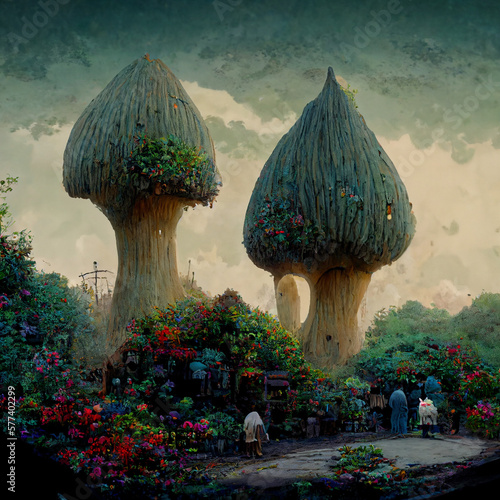 iny village surrounded by huge roots and giant glow mushrooms - generative ai - Generative AI photo
