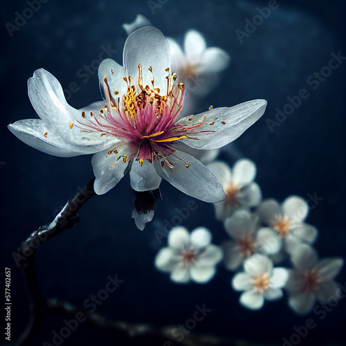 sakura blossom flower detailed stamens closeup single on stone in water hyper detalization photographic style - generative ai photo