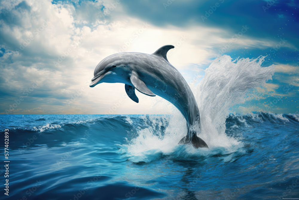 dolphin jumping out of ocean water with splash made by generative ai