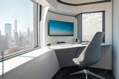A modern white office space with a laptop and a cup of coffee, representing the idea of ​​productivity and efficiency in home business. generative AI  © IDEIADOESPACO