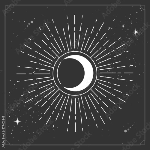 Modern magic witchcraft card with astrology crescent sing or moon eclipse. Vector illustration