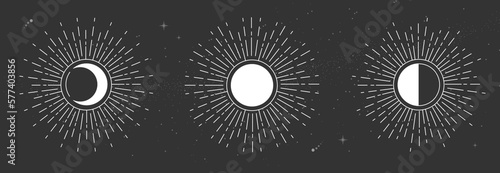 Modern magic witchcraft card with moon phases or sun and moon sign. Pagan moon symbol. Vector illustration