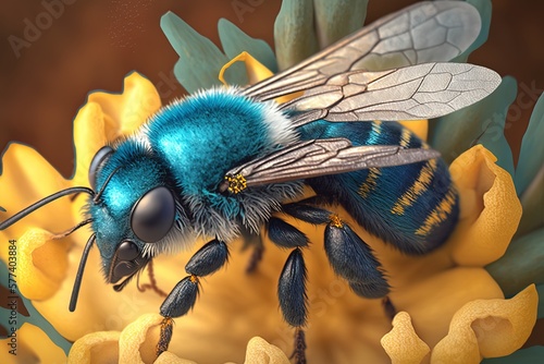 Intricate macro photograph of a female blue mason bee, Osmia caerulescens Generative AI photo