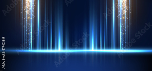 Fotografia, Obraz Abstract technology futuristic light blue stripe vertical lines light on blue background with gold lighting effect sparkle