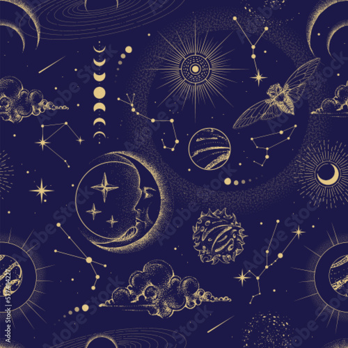 Modern magic witchcraft astrology seamless pattern with sun, stars, planets and outer space. Astrology background. Vecto illustration