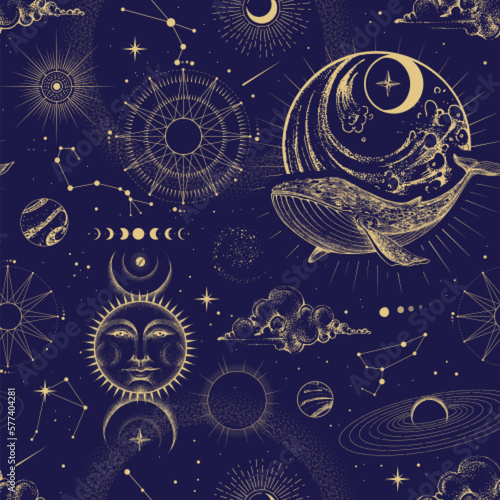 Modern magic witchcraft  astrology seamless pattern with sun, stars, planets and outer space. Astrology background. Vecto illustration