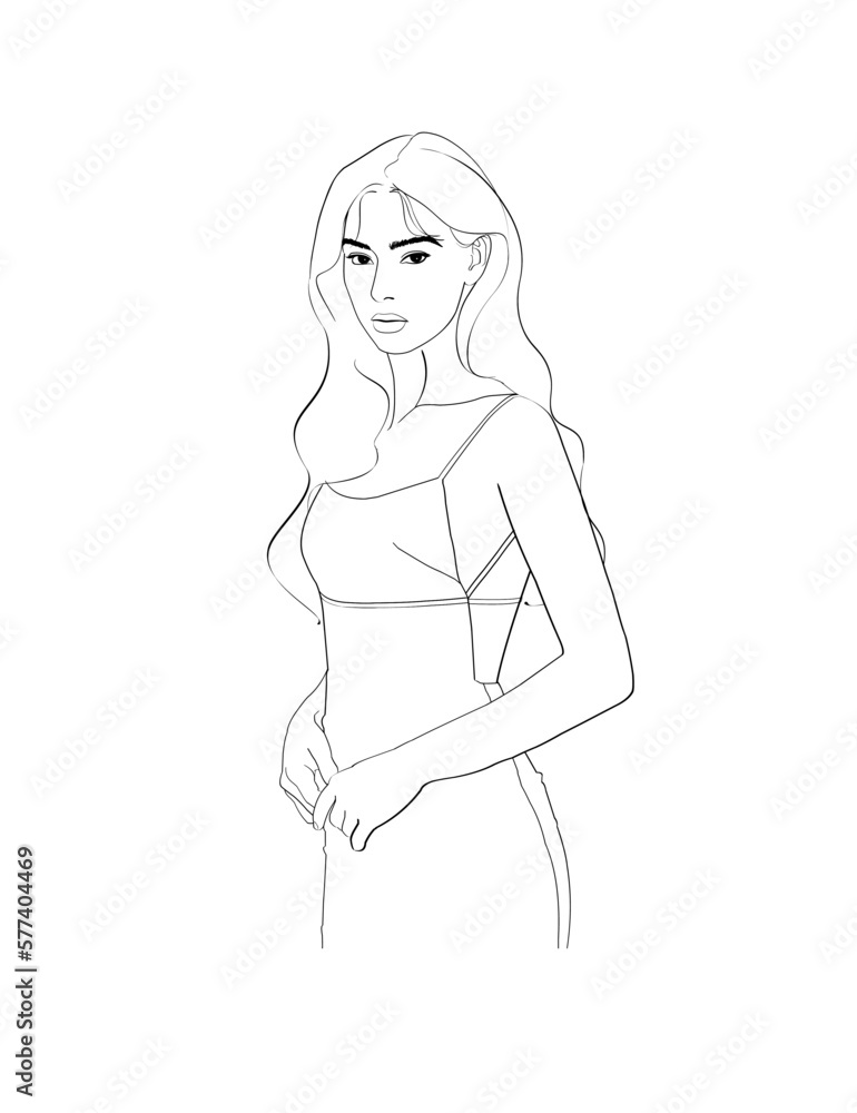 Contemporary portrait of young woman. Minimalistic line art illustration. a lady wearing a dress and gracefully holding her hands, line art portrait illustration. Contemporary portrait of young woman. Minimalistic line art illustration. a lady wearing a dress and gracefully holding her hands, line art portrait illustration.