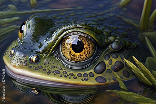 Oregon's moist and detailed-eyed American bullfrog (Rana catesbeiana). Generative AI photo