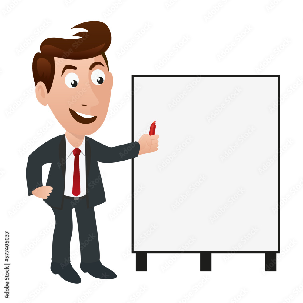 Illustration montrant la présentation d’un objectif à atteindre, sur un tableau blanc à l’aide d’un marqueur rouge, par un chef d’entreprise souriant. Illustration montrant la présentation d’un objectif à atteindre, sur un tableau blanc à l’aide d’un marqueur rouge, par un chef d’entreprise souriant.
