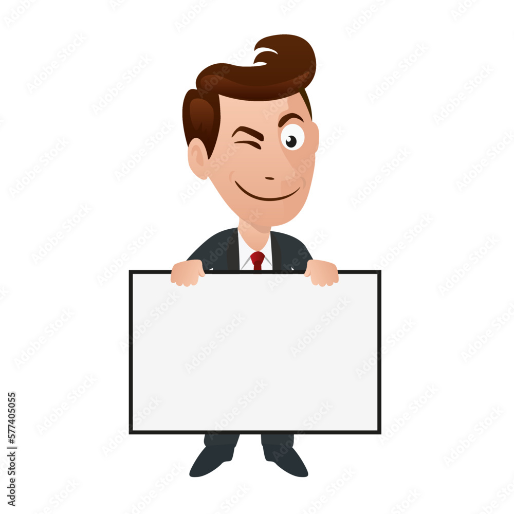 Illustration montrant un homme souriant, faisant un clin d’œil et présentant un projet sur un tableau blanc. Illustration montrant un homme souriant, faisant un clin d’œil et présentant un projet sur un tableau blanc.