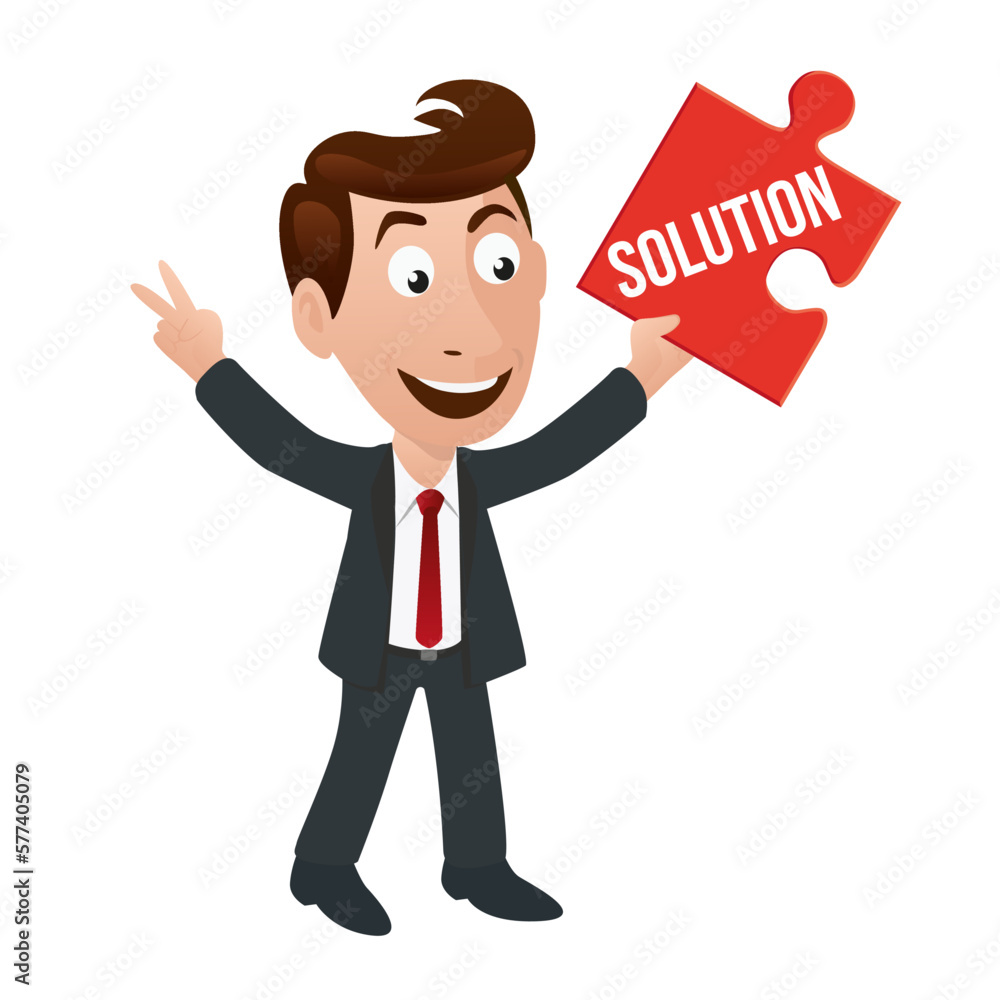 Illustration représentant un personnage en costume cravate, montrant le mot solution sur un pièce de puzzle. Illustration représentant un personnage en costume cravate, montrant le mot solution sur un pièce de puzzle.