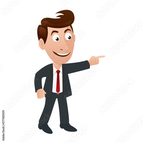 Illustration représentant un personnage en costume, cravate montrant une direction à suivre en tendant le bras.