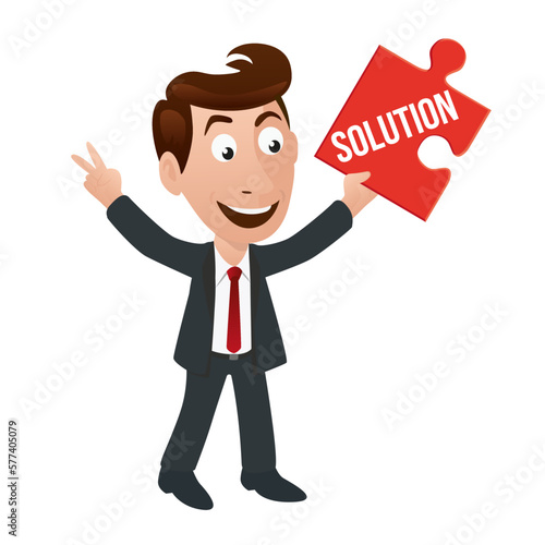 Illustration représentant un personnage en costume cravate, montrant le mot solution sur un pièce de puzzle.