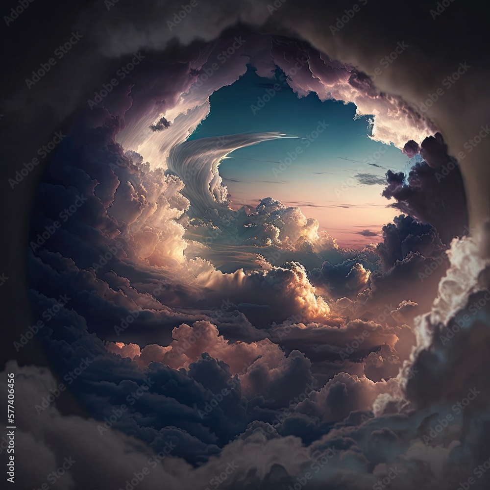 Beautiful sky and clouds view from a window of the airplane, sky horizon Generative AI