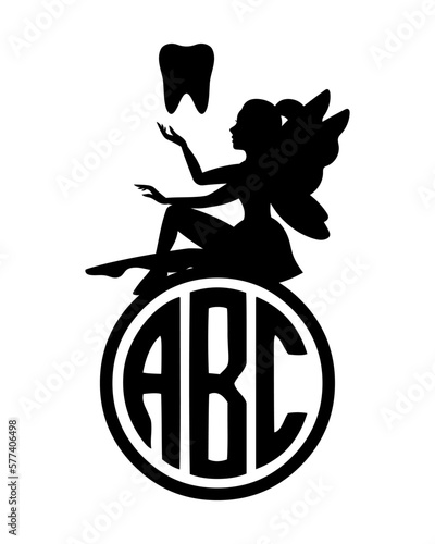 Tooth fairy. Dental monogram. Magical fairy logo. Mythical tale character. Little creature with wings in dress