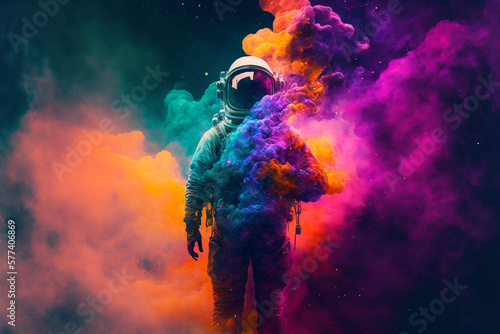 Photographie Neon astronaut in space helmet in the middle of multicolored smoke illustration