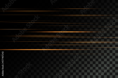 Set of golden lines, laser beams, bright light beams with sparkles and dust on a transparent background. vector illustration