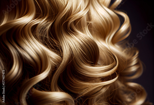 A closeup view of a bunch of shiny straight blond hair in a wavy curved style. AI Generated