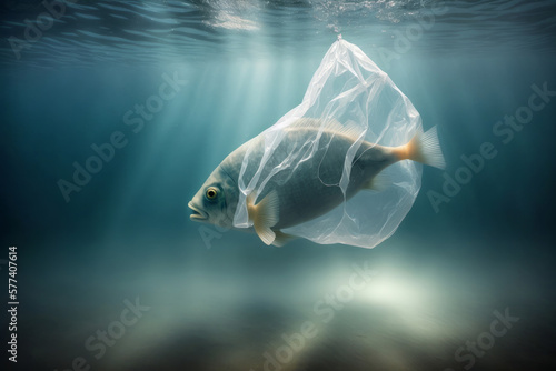 Ocean plastic pollution. A fish with plastic bag in the ocean. Generative ai