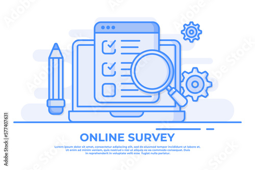 Laptop with checklist, browser with checkboxes, magnifying glass, and pencil, Online survey flat illustration for web banner, website, infographics