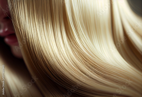 A closeup view of a bunch of shiny straight blond hair in a wavy curved style. AI Generated