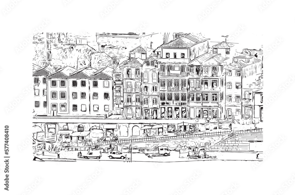 Building view with landmark of Porto Novo is the 
capital of Benin. Hand drawn sketch illustration in vector.