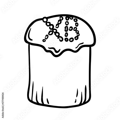 Easter cake with icing and Christ is Rising symbols isolated on white. Traditional kulich with Cyrillic letters means Happy Easter in orthodox christian church. Vector outline doodle illustration.