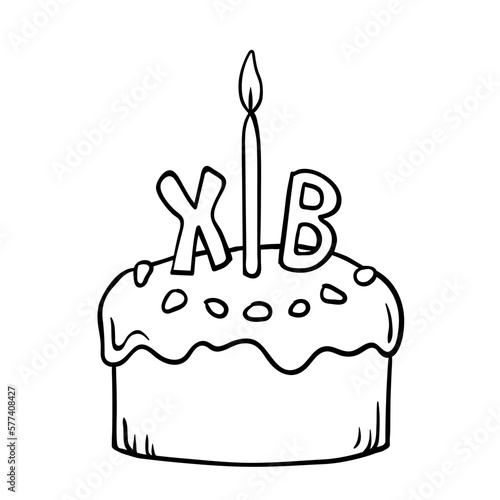 Orthodox christian Easter cake with icing and Christ is Rising symbols and church candle isolated on white. Traditional kulich with Cyrillic letters means Happy Easter. Vector outline illustration.