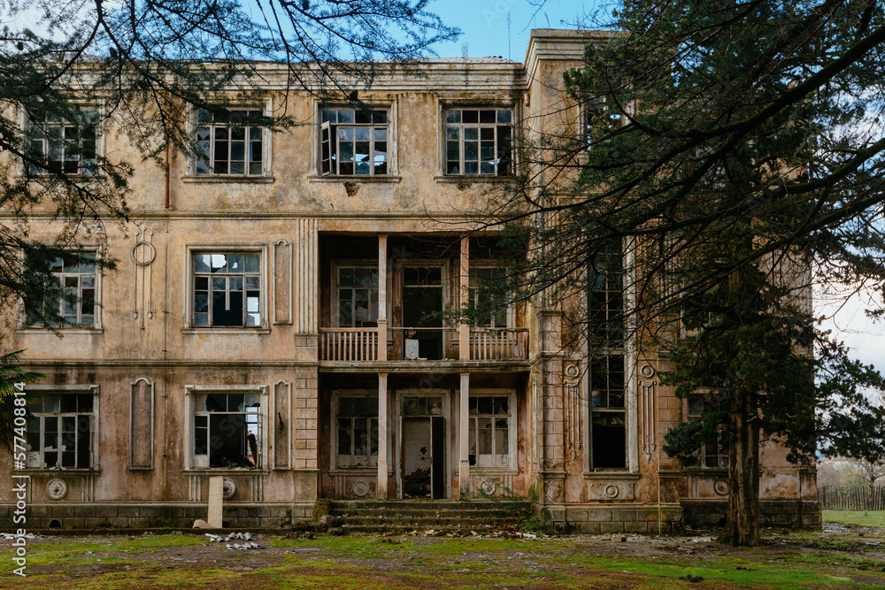 Fototapeta premium Overgrown by plants abandoned ruined house at ghost-town. Green post-apocalypse concept
