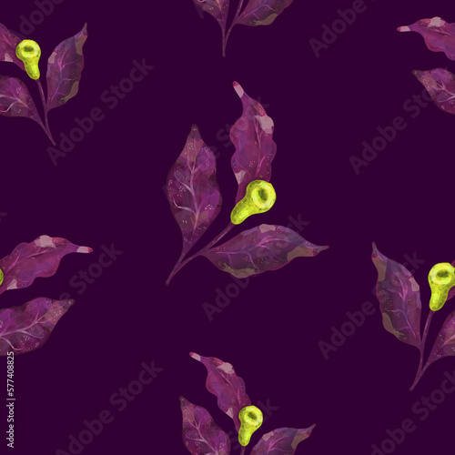 Fantasy branch with texture. Vector seamless pattern. purple background © Naya Chu