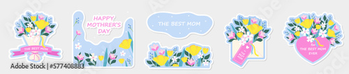 Happy Mother's Day sticker pack. Cute stickers for the spring holiday. Vector illustration of a bouquet of flowers, flowers, envelop, heart.