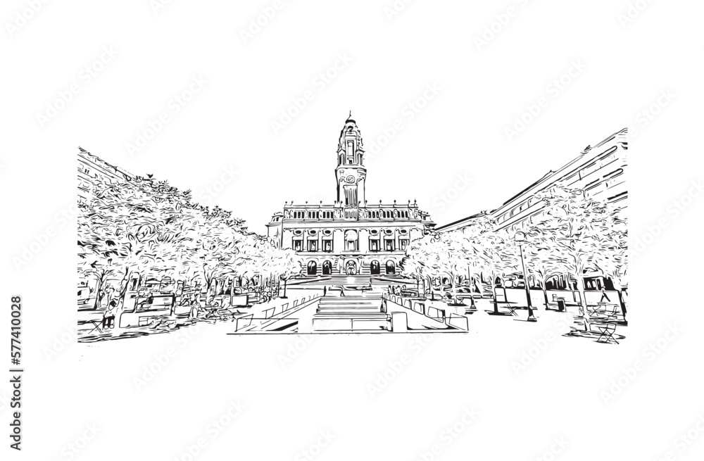 Building view with landmark of Porto Novo is the
capital of Benin. Hand drawn sketch illustration in vector.
