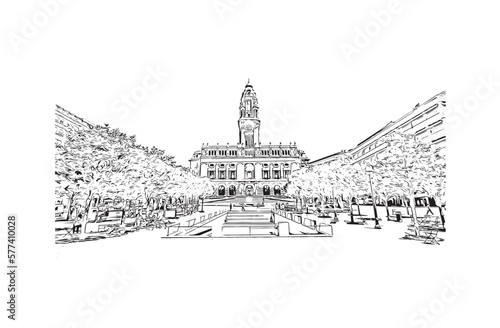 Building view with landmark of Porto Novo is the  capital of Benin. Hand drawn sketch illustration in vector.