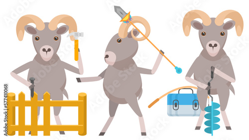 Set Abstract Collection Flat Cartoon Different Animal Arhali Throws Out The Trash, Building A Fence, A Fisherman Makes A Hole With A Hand Drill Vector Design Style Elements Fauna Wildlife