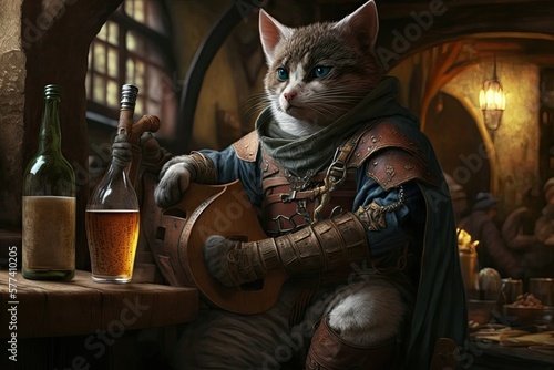 illustration of a cute bard cat, old tavern in background, generative ai